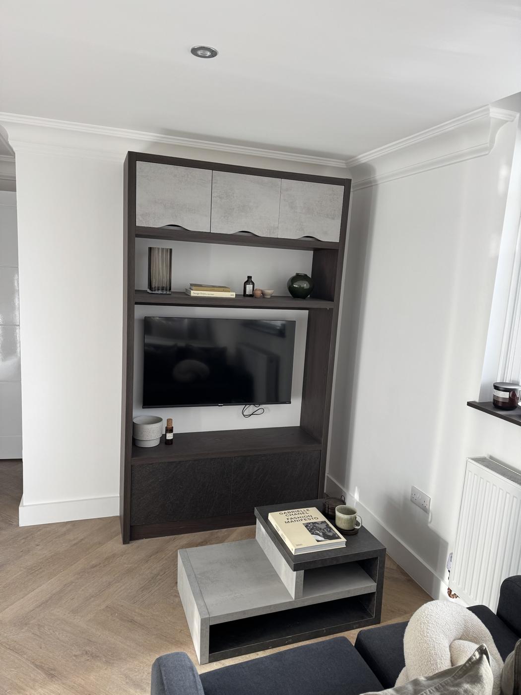Cookridge Street dark wood and concrete-effect media unit with TV recess and shelving